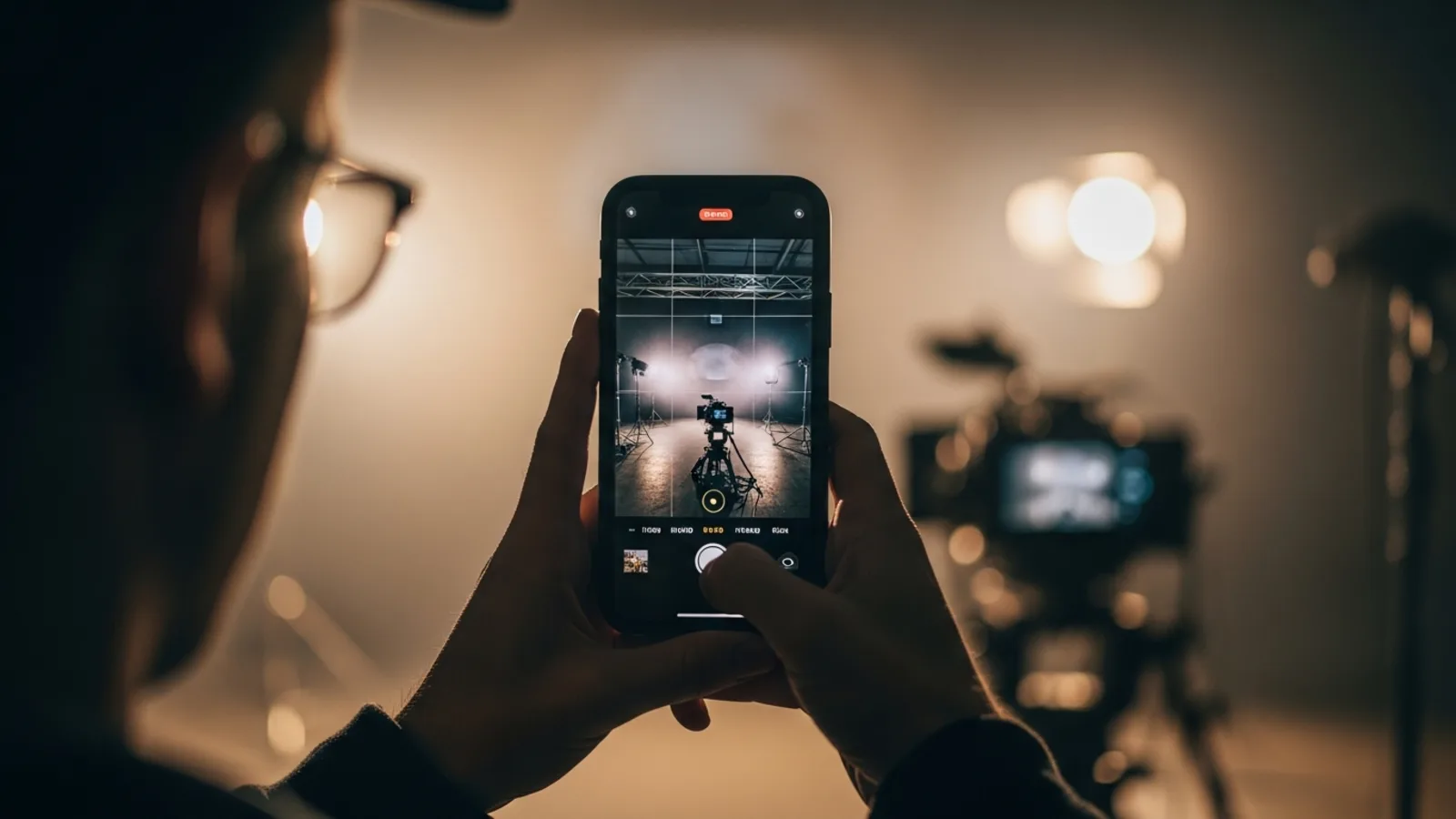 Person filmt bei einem Konzert mit dem Smartphone, umgeben von Bühnenlicht und Scheinwerfern.